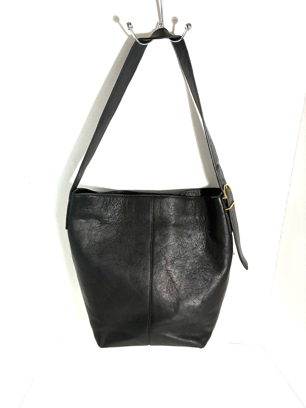 Black 100% Genuine Leather Slouchy Shoulder Bag Minimalist Everyday Work Bag